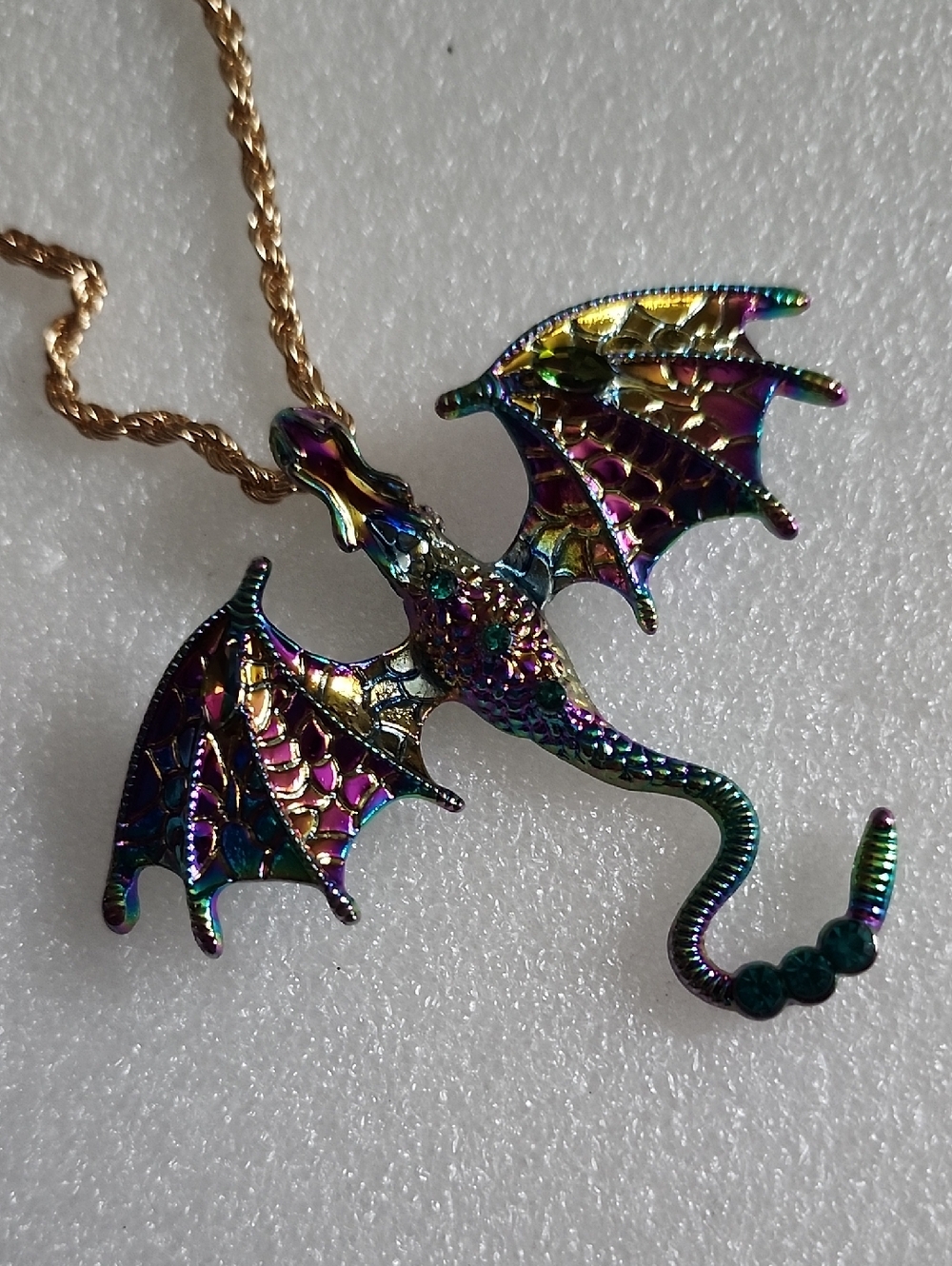 Hand Crafted Iridescent Dragon Pendant Necklace - Gold Chain - Picture 1 of 11